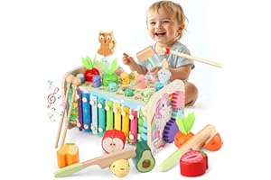 FUIOCOCP 10 in 1 Juguetes Montessori 1 Años, Actividades Bebe Madera Bancos con Martillo Juego de Pesca con Instrumentos Musicales Xilofono, Juego Sensoriales Educativos Niña Niño 2 3 Años Regalo 12+ Meses