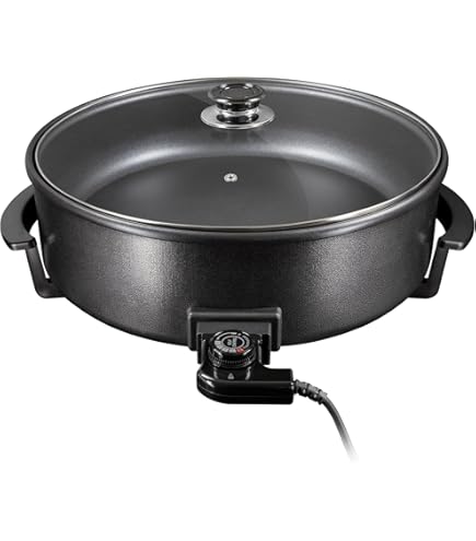 HENDI Party pan, non-stick coating, removable thermostat, lid with glass window, for baking, frying and keeping warm, snack pan, chicken pan, 230V/ 1600W, 640x606x(H)170mm, aluminium, black