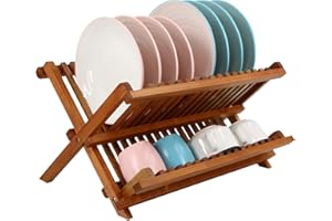 Utoplike Scolapiatti pieghevole in teak, a 2 ripiani, scolapiatti pieghevole, organizer per piatti da cucina, compatto
