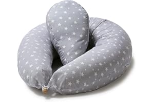 Niimo Coussin de Grossesse pour Dormir et d'allaitement + Petit Oreiller Reducteur Oreiller de Corps Femme Enceinte Housse Cotton Amovible (Gris-Etoiles Blanc)