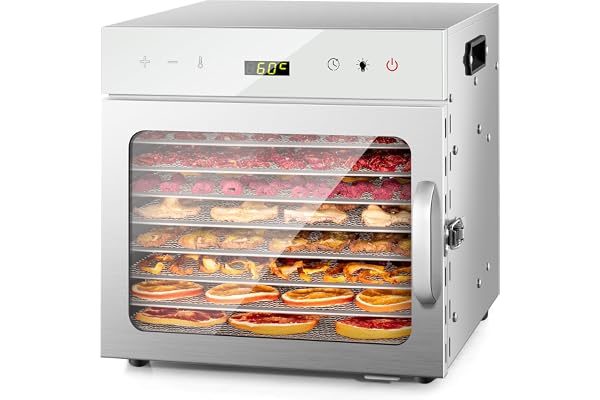 Kwasyo Torkrum rostfritt stål, 8 våningar med 6 dörrfolie, receptbok, BPA-fri, 30–90 ℃ temperaturinställning, max. 24 timmar, torkad tomat för grönsaker, kött, frukt