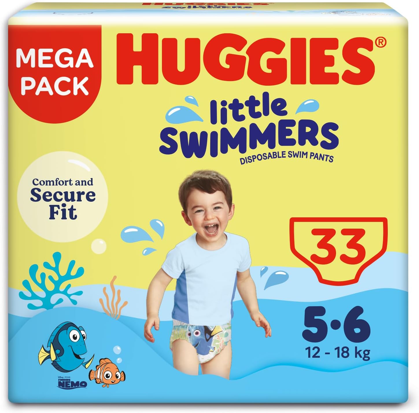 Huggies Little Swimmers, Swim Nappies, Size 5-6 - 33 Pants - Maximum Protection Swimming Nappies with Leak Guards - All-Round Stretchy Waistband