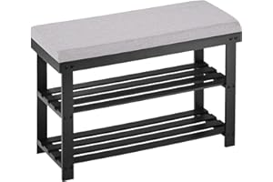 APICIZON Shoe Rack Small, Shoe Storage Bench with Padded Cushion, 70 x 28 x 50 cm, 3-Tier Bamboo Shoe Organizer, Rustic Hallway Small Storage Shelf for Living Room, Bathroom, Entryway, Black