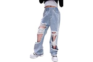 Happy Cherry - Girls Jeans Kid Denim Pants Loose Wide-Leg Ripped Pant Child Baggy Trousers Outfits Elasticated High-Waisted Straight Jeans Light Blue Fashion Casual Cute with Pockets Age 5-15 Years