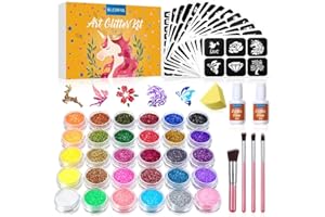 Kit de Tatuajes Purpurina Temporales, Bledras 30 Colores Brillo Tatuaje de Maquillaje Niña,147 Únicas Plantillas, 4 Pinceles, 2 Pegamentos,1 Esponja, Adecuado Carnaval, Original Regalo para Niños