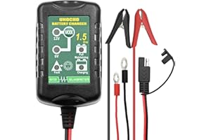 UNOCHO Cargador de batería automático Inteligente de 6V/12V 1.5A, mantenedor de batería, Cargador de Goteo, Cargador Flotante para Auto, Moto, cortacésped, Bote y motonieve