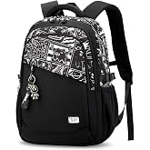Lutuan School Backpack for Teenagers, Large Black College Backpack with Graffiti Print, Backpacks School Boy 10-18 Years Casu