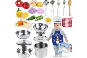 Airlab Kinderküche Spielküche Zubehör, Küchenzubehör Töpfe Holz & Edelstahl, Puppenküche Kochset, Holzspielzeug Kinder Küche Zubehör Töpfe mit Gemüse, Pädagogische Rollenspiele Geschenk für Kinder