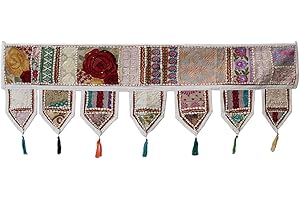 INDIAN CRAFT CASTLE Indian Handmade Traditional Embroidered Toran Cotton Thoranam Door Living Room Decor Bandanwar Home Valance Decorations Window Hanging Bohemian Wall Ethnic Decorative Vintage (Off White 1 Meter)