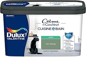 Dulux Valentine Peinture Intérieure Crème de Couleur Cuisine et Salle de Bain - Pièces Humides Murs et Boiseries - Résistant aux taches et à l'humidité - Satin Vert Ginkgo 2 L