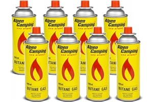 Alpen Camping Cartucho de Gas 400 ml, Certificado: Pi 0875, Compatible con EN417, isobutano, Rango de Funcionamiento de -10 ° C a + 40 ° C, IK004 (8)