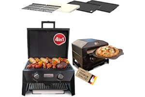 ‎NEXGRILL Nexgrill 4-in-1 Gasgrill/Tischgrill mit 2 Brennern, Pizzaofen-Funktion, Cordierit-Pizzastein & Wende-Grillplatte – Kompakter Outdoorgrill aus Stahl mit Stauraum für Zubehör