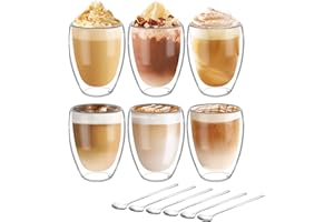 Oinvs 6x350ml Double Walled Glass Caffee Mugs,Glass Coffee Mugs with Scoop,Latte Glass Caffee Cups,Borosilicate Heat Resistant Glass,Espresso Cups,Vacuum Insulated and Handmade,Teacups, Milk Cups