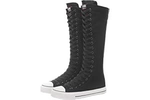 ANUFER Mädchen Damen Knie Hoch Leinwandstiefel Schnüren Reißverschluss Eben Sportschuhe