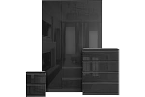 Blisswood High Gloss Bedroom Furniture Set 3 Piece Bedroom Set With High Gloss 3 Door Wardrobe & 4 Drawer Chest of Drawer + 2 Drawer Bedside Table Cabinet for Bedroom Storage Furniture Set (Black)