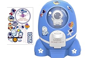 GmeDhc Hucha Cohete Astronauta, Infantil Para Niña y Niño, Personalizada Grande Para Billetes y Monedas, Con Dibujos Animados, Pegatinas y Llave, Juguete Regalo