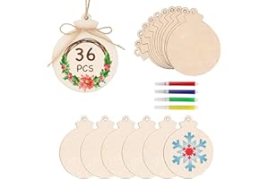 WINWILD 36Pcs décoration d'arbre de Noël en Bois Boules de Noël à Peindre avec Corde de Jute & marqueur,Décorations d'arbre de Noël en Bois Pendentifs Boules à Suspendre Boules de Noël