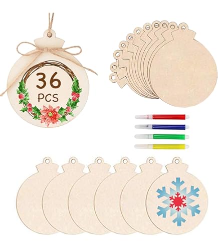 Quesuc 100 stuks kerstversieringen van hout, ronde houten schijven, hout, sneeuwvlok, engel, stervorm, kerstboom, hangende versieringen met 100 stuks koorden
