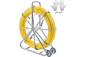VEVOR Fish Tape in Fibra di Vetro, 200 m 7,94 mm, Duct Rodder Fishtape, Tiracavi con Supporto per Bobina in Acciaio, 3 Teste Trazione, Strumenti Pesca per Pareti e Condotte Elettriche, Non Conduttivo