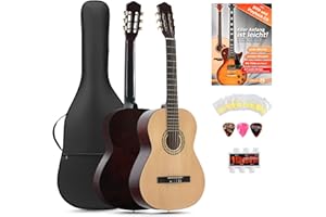 Classic Cantabile AS-851 Linkshänder Konzertgitarre 4/4 Starter Set (6 Saiten, Lindenholz, Griffbrett: Blackwood, Zubehörset inkl. Tasche, Schule, Stimmpfeife, Nylonsaiten) natur