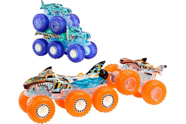 Hot Wheels Gros Camion Monster Trucks Power Smashers Coffret Mega-Wrex et Tiger Shark à l’échelle 1/64, avec Leurs remorques à décoration Power Smashers Assortie, HYJ29