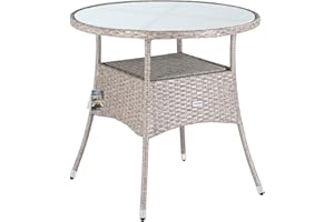 Casaria® Tavolo Rotondo da Giardino Polyrattan Ø 80 Piano in Vetro 5mm Altezza Regolabile Tavolino Terrazza Balcone