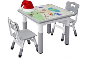MAMIZO Mesa Infantil con 2 sillas, Grupo de Mesa Infantil en Altura Ajustable, Muebles de plástico para niños, Grupo de Asientos para niños y niñas a Partir de 2 años, (Gris, Mesa Cuadrada)