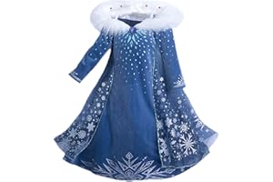 Eleasica Filles Cosplay Robe de Princesse Elsa Manches Longues Reine des Neiges Robe Longue Costume de Robe Bleu Chaude Doux Déguisements Partie Cérémonie Halloween Noël