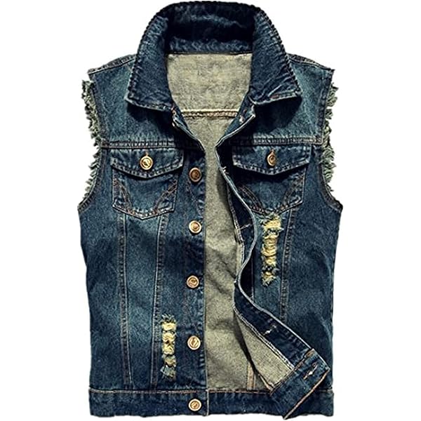 Momooda Heren katoenen geript denim vest, slim fit, casual noodlijdende mouwloze jas gilet, Lichtblauw, L