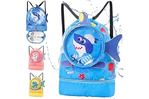 YOUYIKE Mochila con Cordón para Niños, Pequeño Tiburón Mochila Piscina Impermeable Separación en Seco-Húmedo con Compartimento para Zapatos, Adecuado para niños y niñas, Playa, Acampar