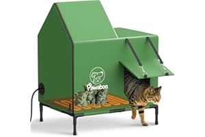 Pawaboo Heated Cat House for Outdoor in Winter, Weatherproof Cats Shelter for Outside with Waterproof Awning & Elevated Base, Insulated Outdoor Cats House with Heater for Feral Barn Cat