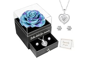 Miofula Ewige Rose Geschenke für Frauen, Konservierte Rosen mit Herz Halskette und Ohrringe aus 925 Sterlingsilber, Rosen Geschenkebox für Mama Frau zum Geburtstag Weihnachten Valentinstag Muttertag