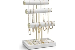 Vlando Schmuck Organizer 3 Etagen Schmuckständer Gold, Lederner Armbandhalter für Frauen - Schmuckhalter Display für Halsketten, Uhren, Ringe, Ohrringe, Armbänder, Armreifen, Sonnenbrillen- Weiß