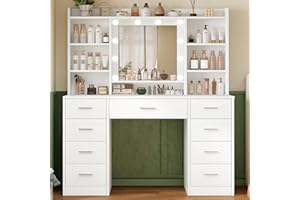 TEENFON Dressing Table with 3-Color LED Lights Mirror, Adjustable Brightness, Vanity Table Makeup Desk with 9 Drawers and 7 Storage Shelves, Modern Vanity Desk for Bedroom Dressing Room, White