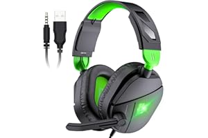 XUEVCN Cuffie Gaming, Cuffie Gaming Cablate con Microfono Cancellazione del Rumore, 3D Surround Sound, Cuffie Comfort con LED RGB, Archetto Regolabile, Jack Audio 3.5 mm, PS4 PS5 PC One Mac Switch Nero Verde