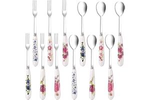 DIYJEP 12PCS Couverts de Table, Petite Cuillere a Cafe avec Poignée en Céramique, Fourchettes de Table un Motif Fleurs, Inoxydable Set de Fourchette et Cuillère à Dessert pour Famille Restaurants