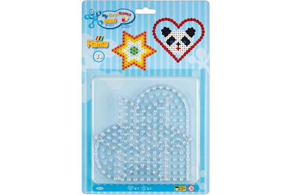 Hama Perlen 8105 Lot de 2 plaques pour Perles à Repasser Maxi d'un diamètre de 10 mm, Motifs cœur et étoile en Transparent, pour s'amuser en bricolant avec Les Enfants et Les Adolescents