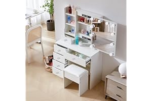 Buildonely Toaletka z lustrem i regulowanym oświetleniem LED, 3 temperatury kolorów, stół do makijażu z 6 szufladami, 4 półki, 1 stołek, biały, 80 x 36 x 131 cm