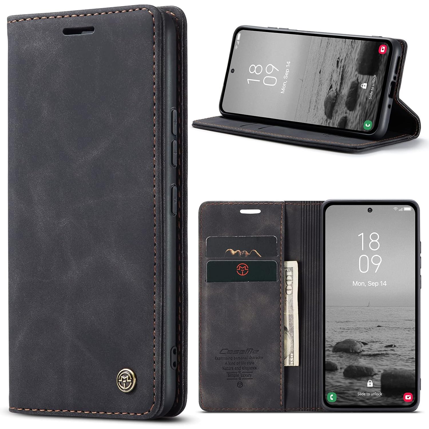 Azororo Beschermhoes voor Samsung Galaxy A54 5G, premium lederen beschermhoes, portefeuille, flip case, magneetsluiting, beschermhoes voor Samsung Galaxy A54, zwart