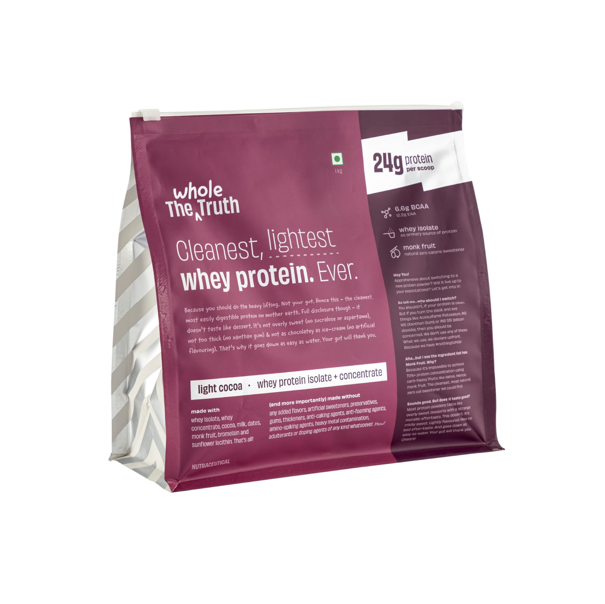 The Whole Truth Whey Protein Isolate+Concentrate | Light Cocoa 1 kg (2.2 lbs) | 24g Protein/Scoop | 6.6g BCAA | 100% Authenti