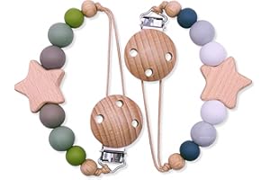 SILICOMAN - Chupetero Silicona - Cadena Chupete Bebe - Sujeta Chupete - Cadena Chupete Bebe - Pack 2 Chupeteros Bebe con Clip de Madera - Cuelga Chupetes Bebe sin BPA (Estrella Multicolor 2)