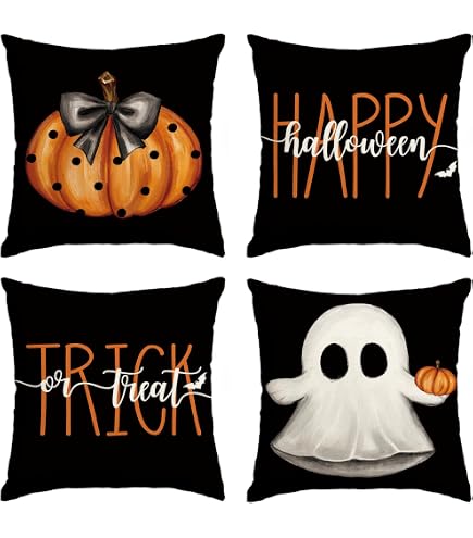 Bonhause Federe Per Cuscini Halloween 45x45 Cm – Set 4 Copricuscini Decorativi Con Zucca, Fantasma, Gatto E Pipistrello – Rosa