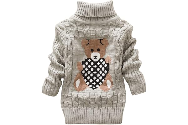 De feuilles Pull à Grosses Torsades Col Roulé Bébé Fille en Tricot Manches Longues Haut Chandail Motif Imprimé Ours