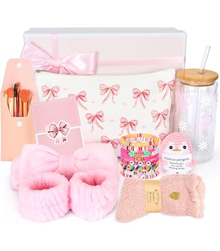 Verjaardagscadeau voor vrouwen - 14 15 16 jarig meisje, cadeau voor beste vriendin, grappig tienermeisjescadeau, drinkglas met rietje, make-upborstel, make-uptas, armband, sokken, haarband