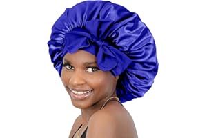 BONNET QUEEN Gorros de Satén de Dormir para Señora de Cabello Rizado Largos Naturales, Gorros de Seda con Banda Ancha para Atar para Ella, Azul Klein