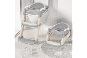 YOSAMY Foldable Potty Training Seat with Step Stool - One-Second Fold Toilet Ladder for Toddlers, Adjustable Height Kids Toilet Seat with Non-Slip Pedal & Side Guard, Soft Cushion, Fits Most Toilets(Grey)