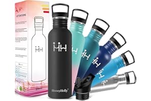 HoneyHolly Gourde Inox, 500/750/1000ml, Bouteille d'eau Acier Inoxydable, Gourde Metal, Anti Fuite Reutilisable Sans Bpa Gourdes Eau pour Sport, Randonnée, Adulte, Yoga | Bouteille Inox