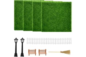 DOUSELLA Pack of 10 Miniature Garden Accessories 15 x 15 cm Miniature Artificial Grass Mini Garden Decoration Set with Mini Artificial Lawn, Bench, Fence, Street Lamp, Broom Garden Micro Landscape for