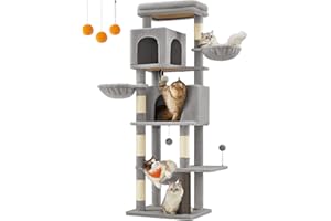 Feandrea Arbre à Chat, Tour à Chat de 175 cm de Haut, Multi-Niveaux, avec 2 Niches, 2 Paniers, 5 Griffoirs, Toilettage Autonome, Perchoir, Hamac, Gris Tourterelle PCT182G01
