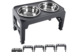 Hubulk Elevated Dog Bowls with 2 Stainless Steel Food & Water Raised Bowls with No Spill Edge Non-Slip Stand Adjusts to 5 Heights(3.2", 8.77", 9.9",11.1", 12.3")for Small Medium Large Dog and Pet Grey